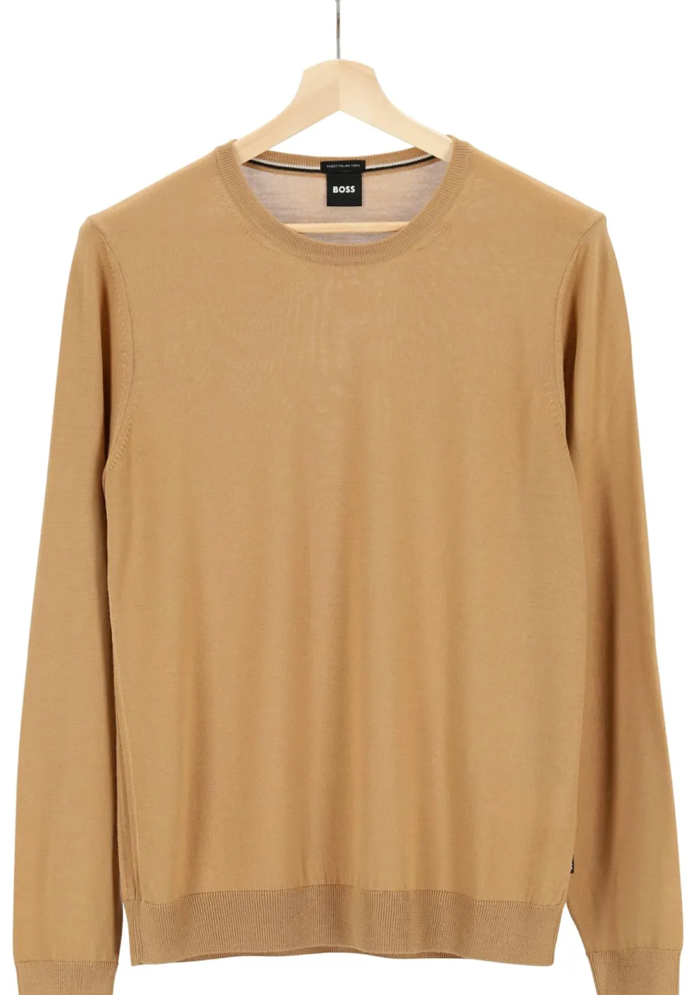 BOSS Leno heren trui wol, slim fit met O-hals, camel bruin