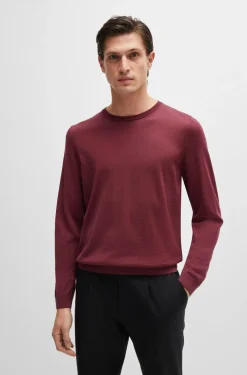 BOSS Leno slim fit trui wol, heren pullover middeldik O-hals, rood
