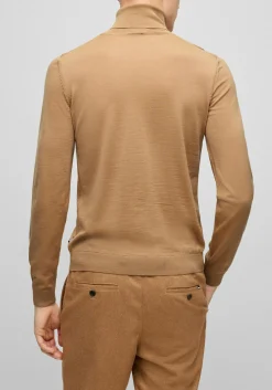 BOSS Musso slim fit trui wol, heren coltrui, midden beige
