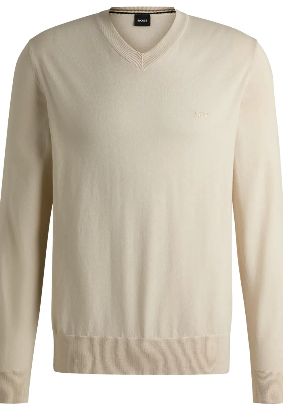 BOSS Pacello regular fit trui katoen, heren trui middeldik V-hals, licht beige