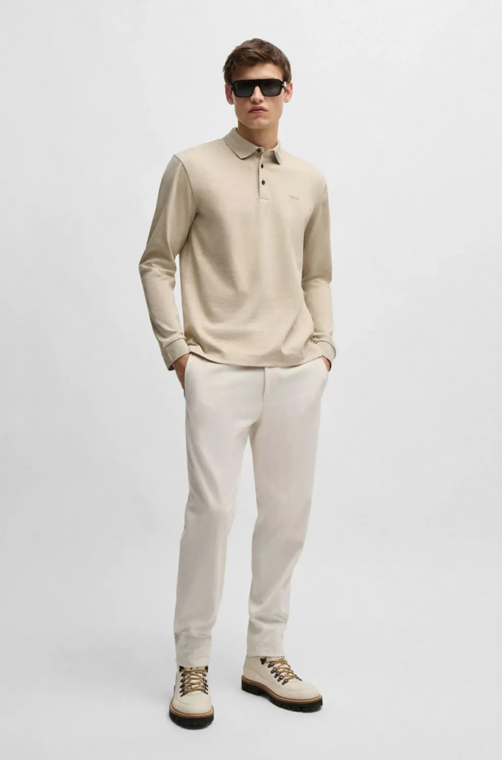 BOSS Pado regular fit polo lange mouw, jersey, licht beige