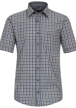 CASA MODA Sport casual fit overhemd, korte mouw, chambray, blauw met beige en wit geruit
