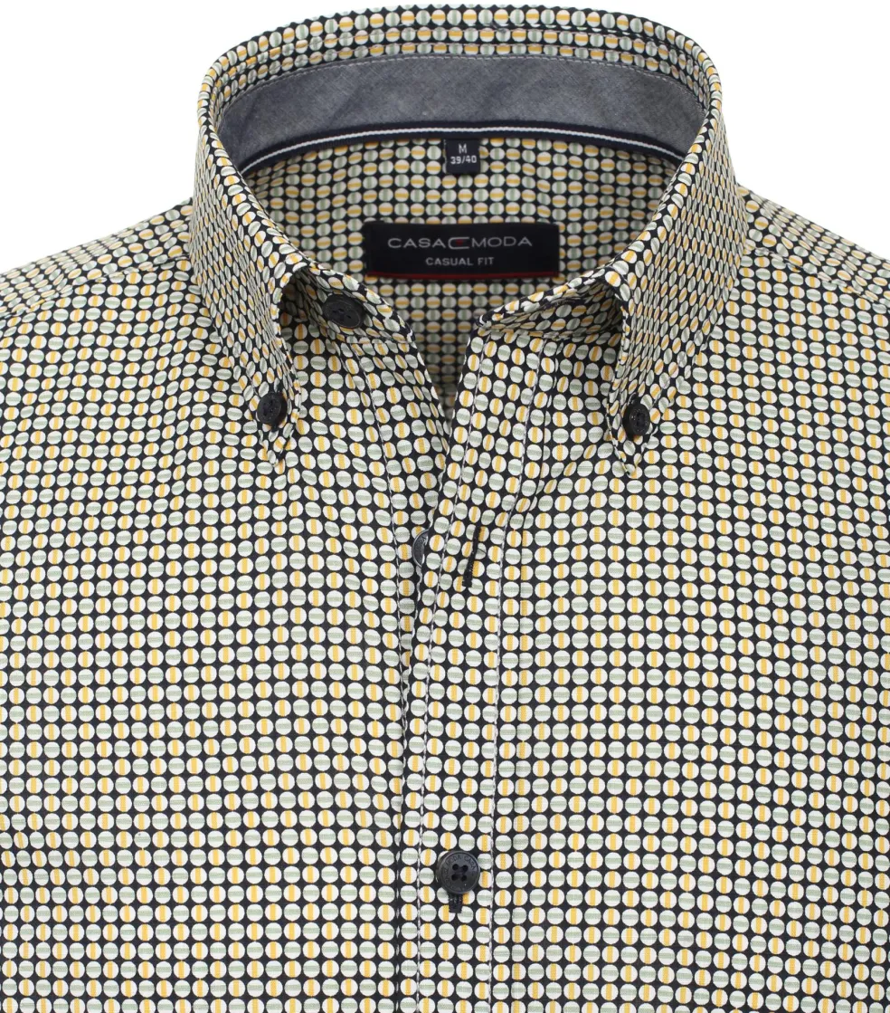 CASA MODA Sport casual fit overhemd, korte mouw, popeline, blauw met geel en wit dessin