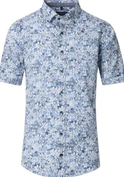 CASA MODA Sport casual fit overhemd, korte mouw, popeline, blauw met wit bloemen dessin