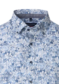 CASA MODA Sport casual fit overhemd, korte mouw, popeline, blauw met wit bloemen dessin