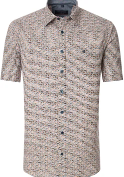 CASA MODA Sport casual fit overhemd, korte mouw, popeline, wit met oranje en blauw dessin