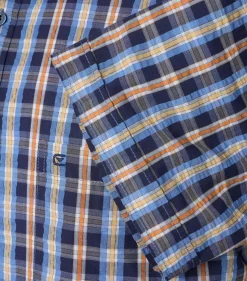 CASA MODA Sport casual fit overhemd, korte mouw, seersucker, blauw met oranje en wit geruit
