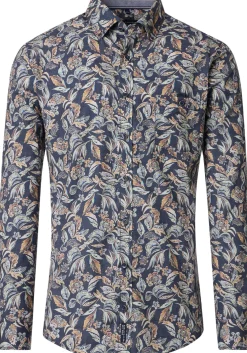 CASA MODA Sport casual fit overhemd, popeline, donkerblauw met beige bloemen dessin