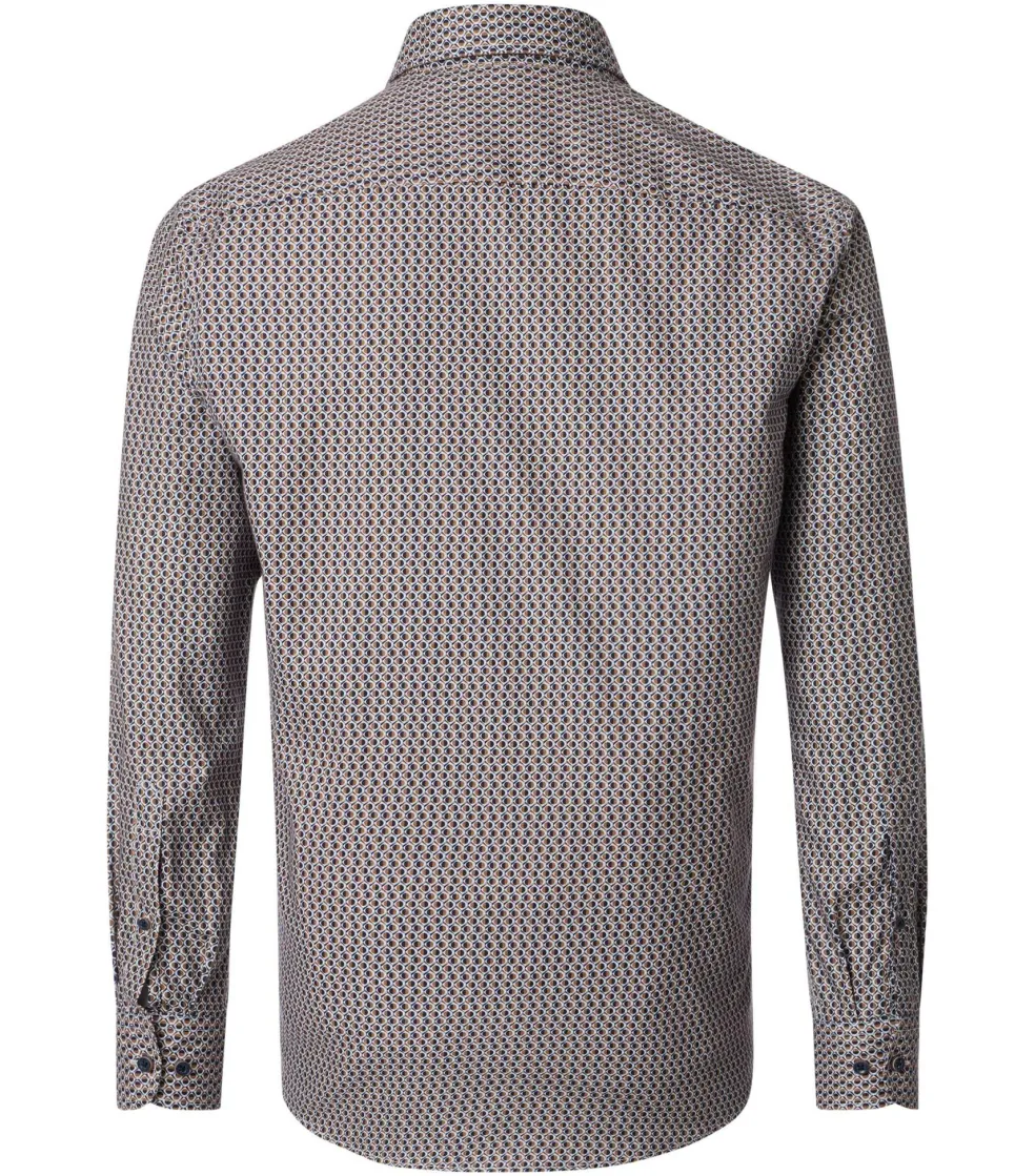 CASA MODA Sport casual fit overhemd, twill, bruin met blauw en wit dessin