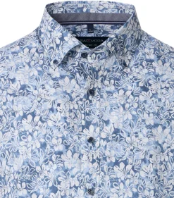 CASA MODA Sport comfort fit overhemd, korte mouw, popeline, blauw met wit bloemen dessin