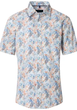 CASA MODA Sport comfort fit overhemd, korte mouw, popeline, wit met blauw en oranje dessin