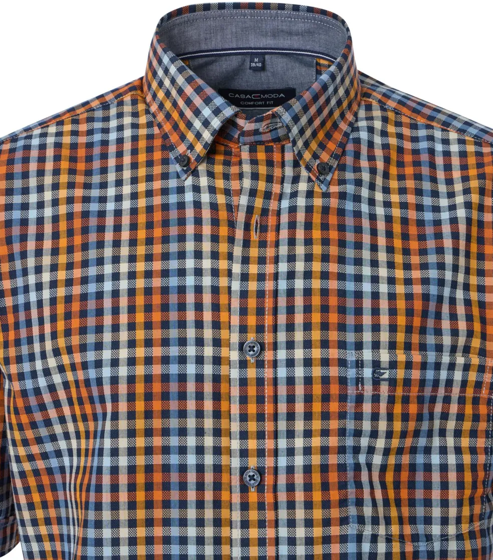 CASA MODA Sport comfort fit overhemd, korte mouw, dobby, oranje geruit