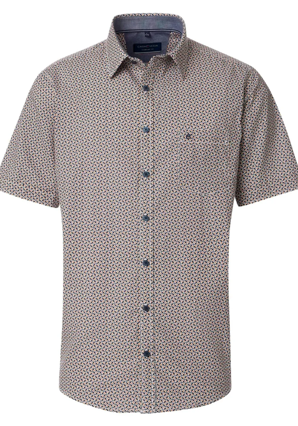 CASA MODA Sport comfort fit overhemd, korte mouw, popeline, blauw met wit en oranje dessin
