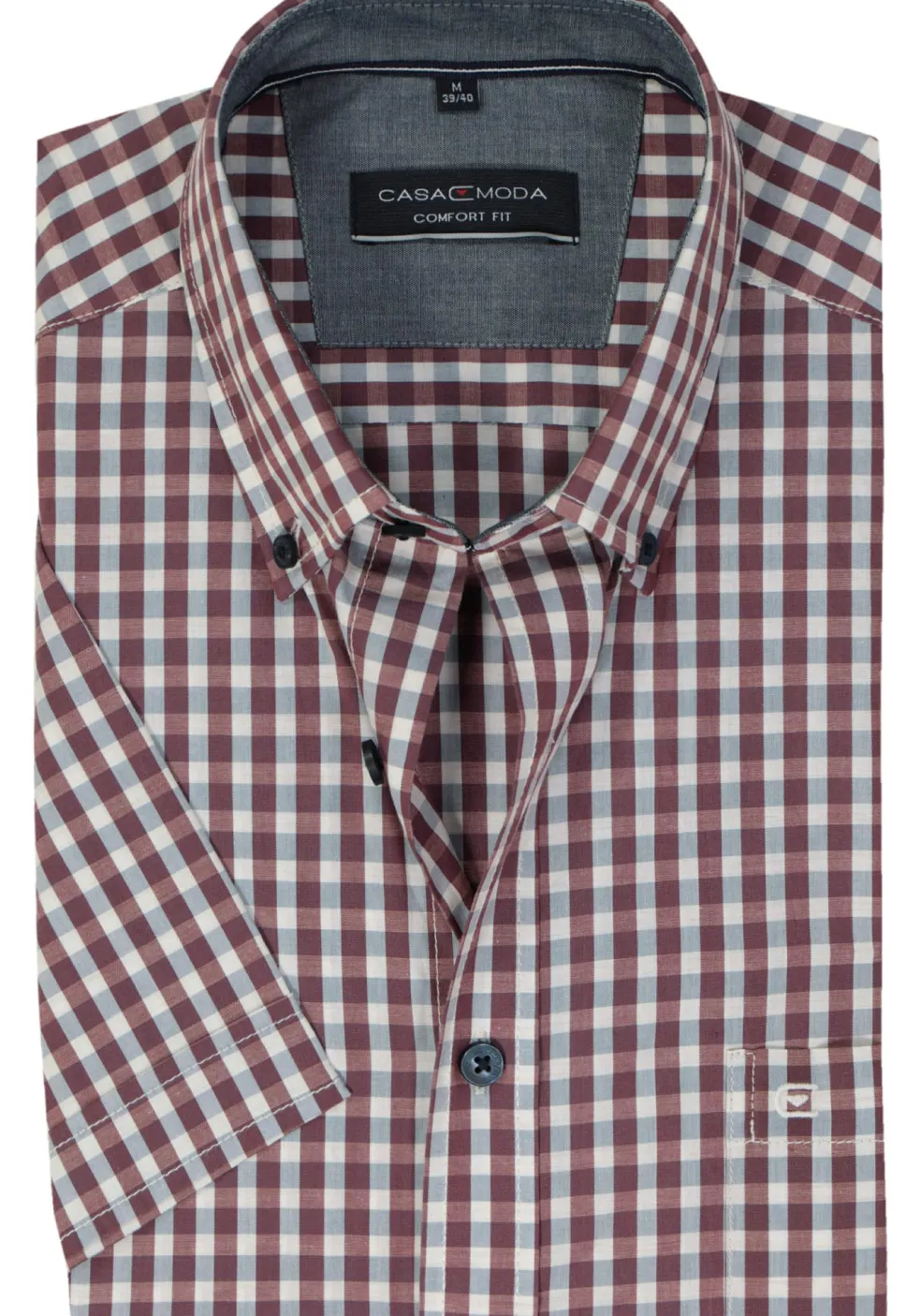 CASA MODA Sport comfort fit overhemd, korte mouw, popeline, blauw met wit en rood geruit