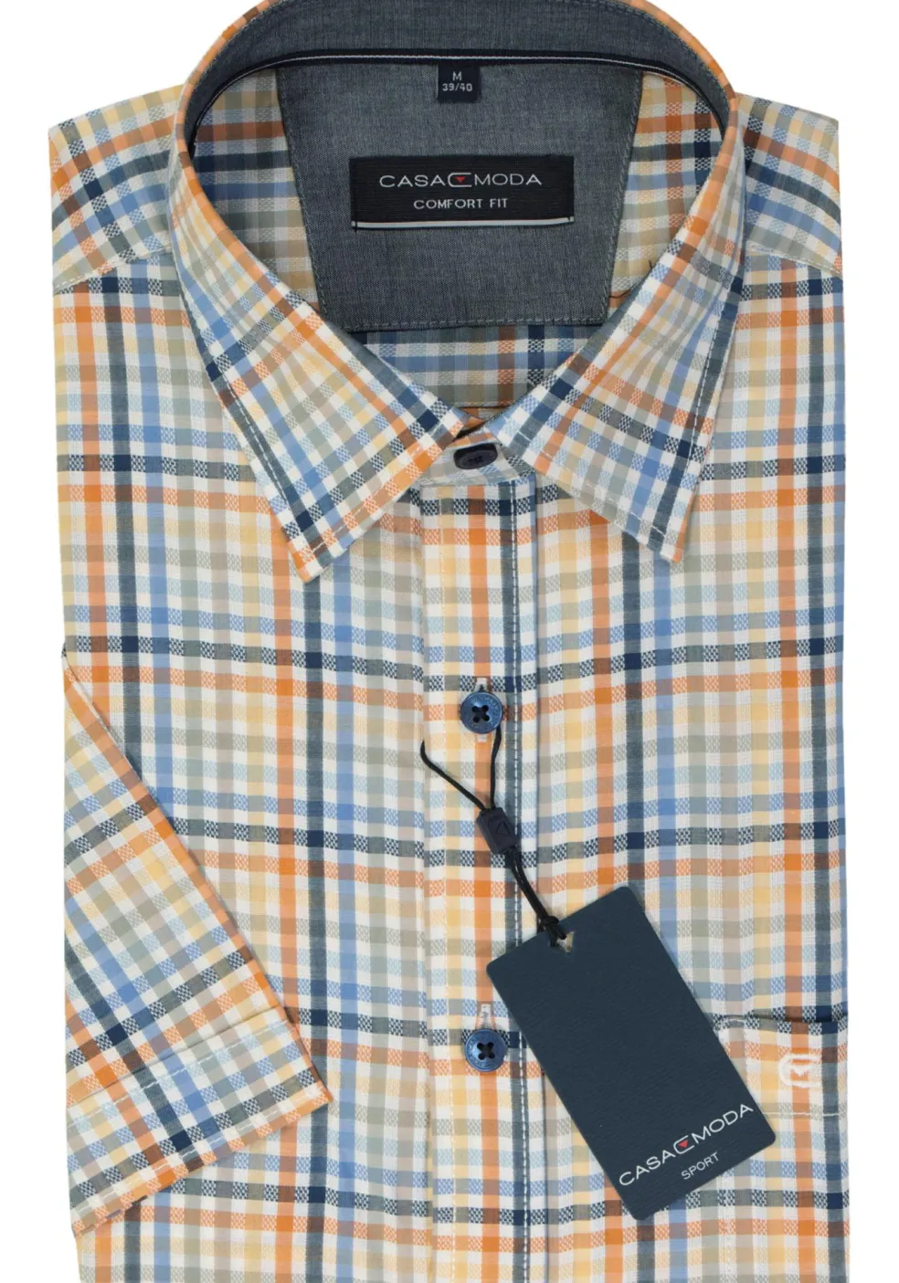 CASA MODA Sport comfort fit overhemd, korte mouw, popeline, blauw, wit, oranje en groen geruit
