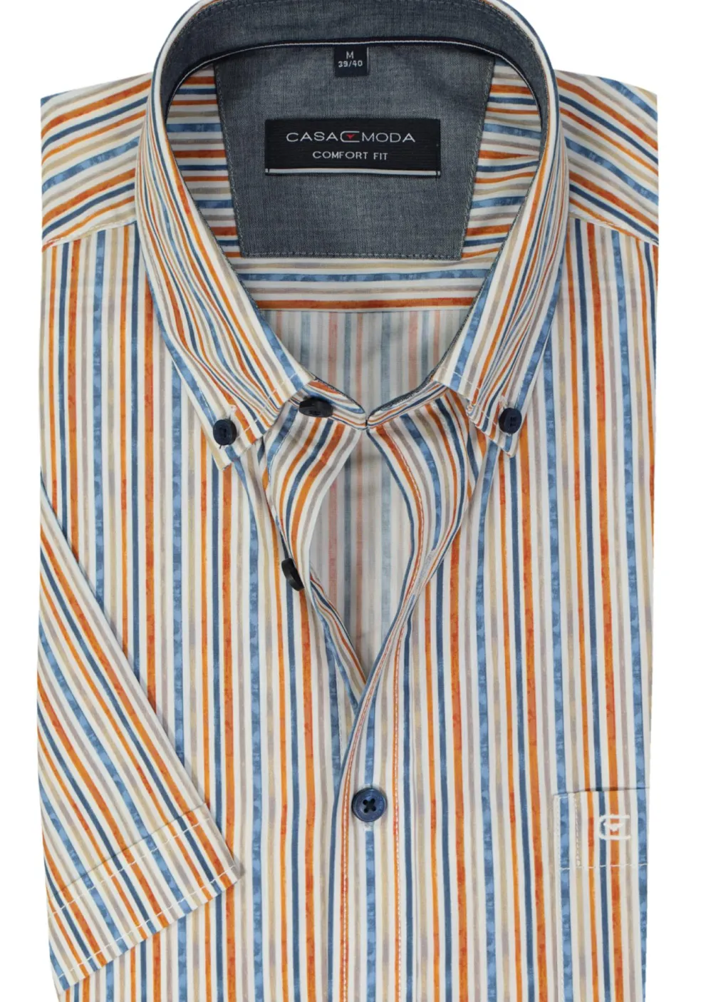 CASA MODA Sport comfort fit overhemd, korte mouw, popeline, wit met blauw, groen en oranje gestreept
