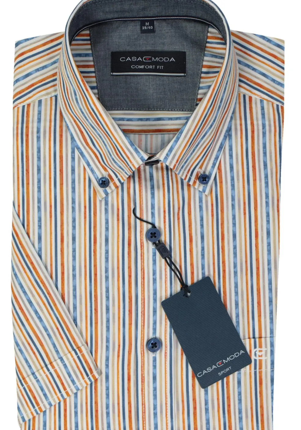 CASA MODA Sport comfort fit overhemd, korte mouw, popeline, wit met blauw, groen en oranje gestreept