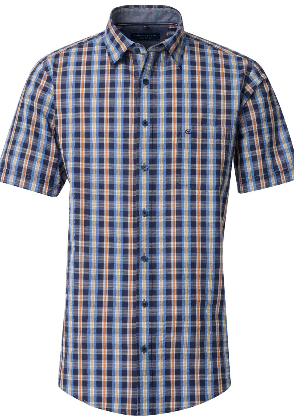 CASA MODA Sport comfort fit overhemd, korte mouw, seersucker, blauw met geel, oranje en wit geruit