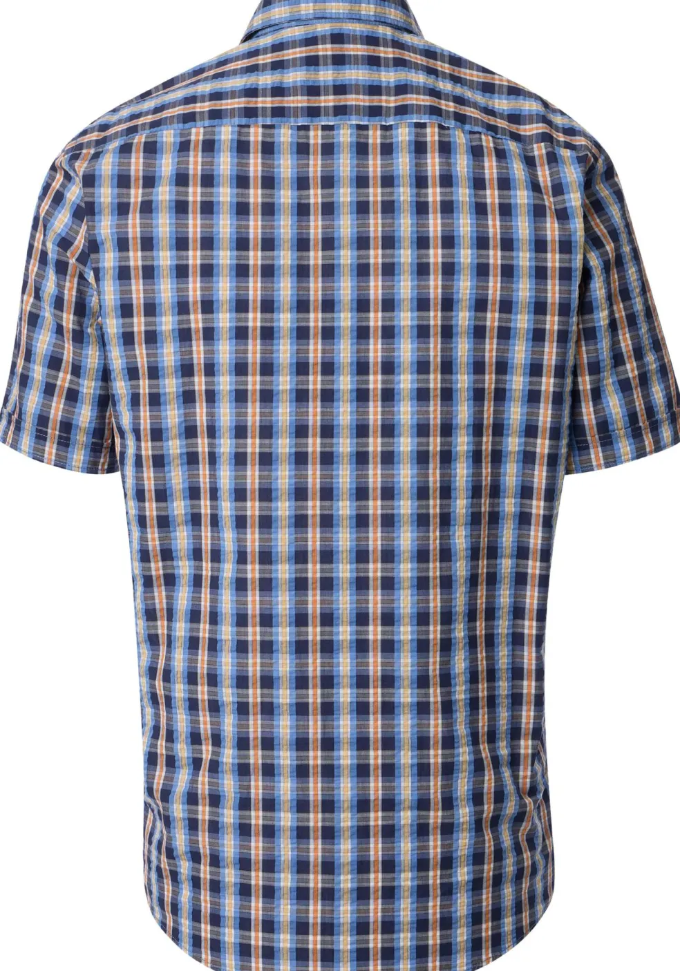 CASA MODA Sport comfort fit overhemd, korte mouw, seersucker, blauw met geel, oranje en wit geruit