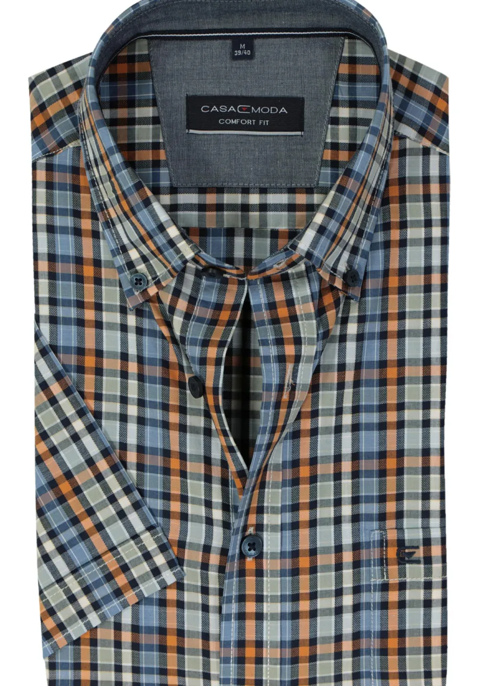 CASA MODA Sport comfort fit overhemd, korte mouw, twill, blauw met oranje, groen en wit geruit