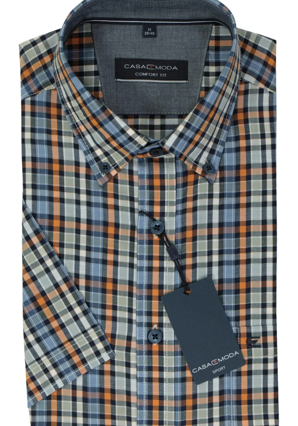 CASA MODA Sport comfort fit overhemd, korte mouw, twill, blauw met oranje, groen en wit geruit