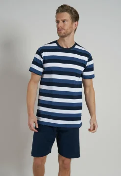 Ceceba heren shortama O-hals, middenblauw gestreept