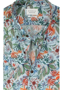ETERNA comfort fit overhemd korte mouw, popeline, lichtgroen bloemen dessin