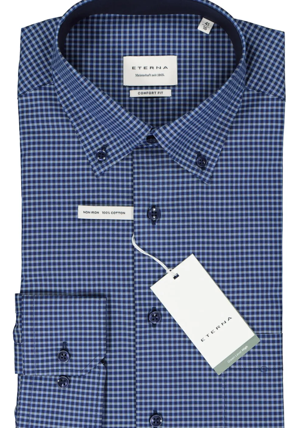 ETERNA comfort fit overhemd, popeline, blauw geruit (contrast)