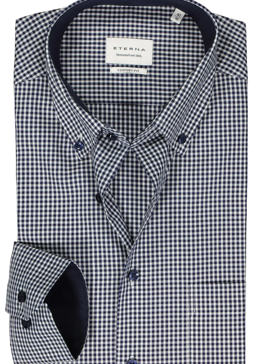 ETERNA comfort fit overhemd, popeline, middenblauw met wit geruit (contrast)
