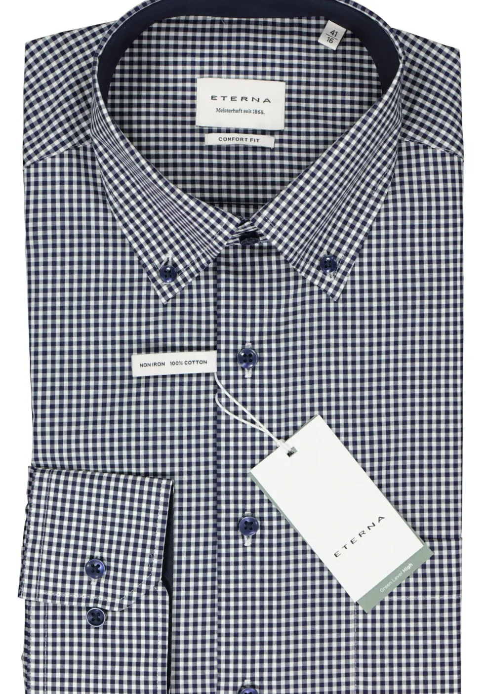 ETERNA comfort fit overhemd, popeline, middenblauw met wit geruit (contrast)