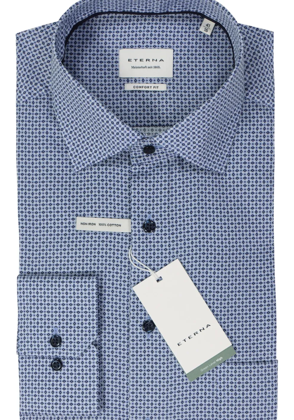 ETERNA comfort fit overhemd, popeline, blauw met wit dessin