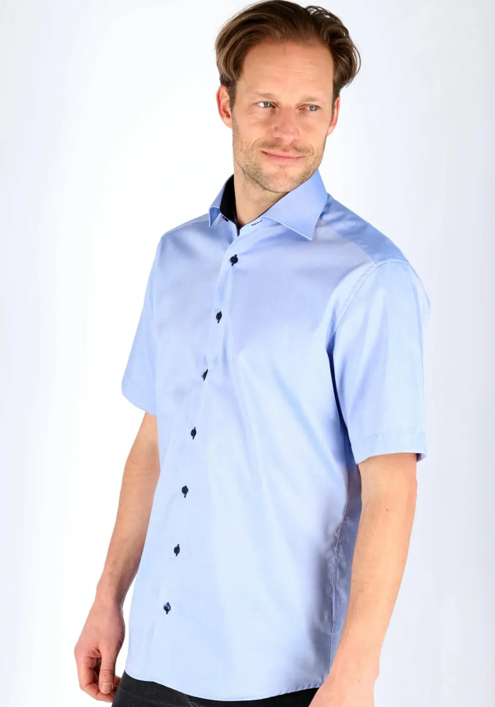 ETERNA modern fit overhemd, korte mouw, heren overhemd fijn Oxford, blauw (gestipt contrast)