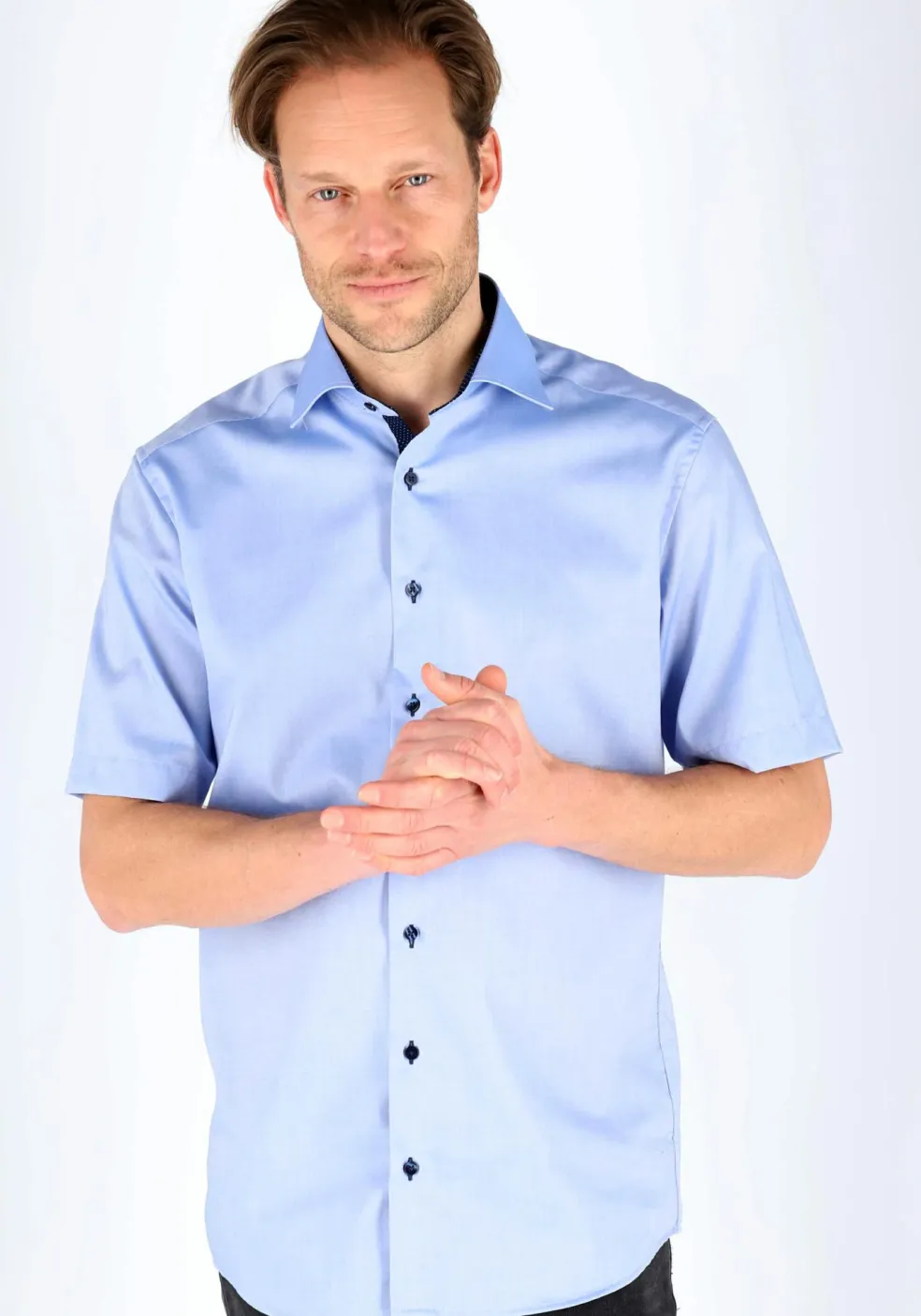 ETERNA modern fit overhemd, korte mouw, heren overhemd fijn Oxford, blauw (gestipt contrast)