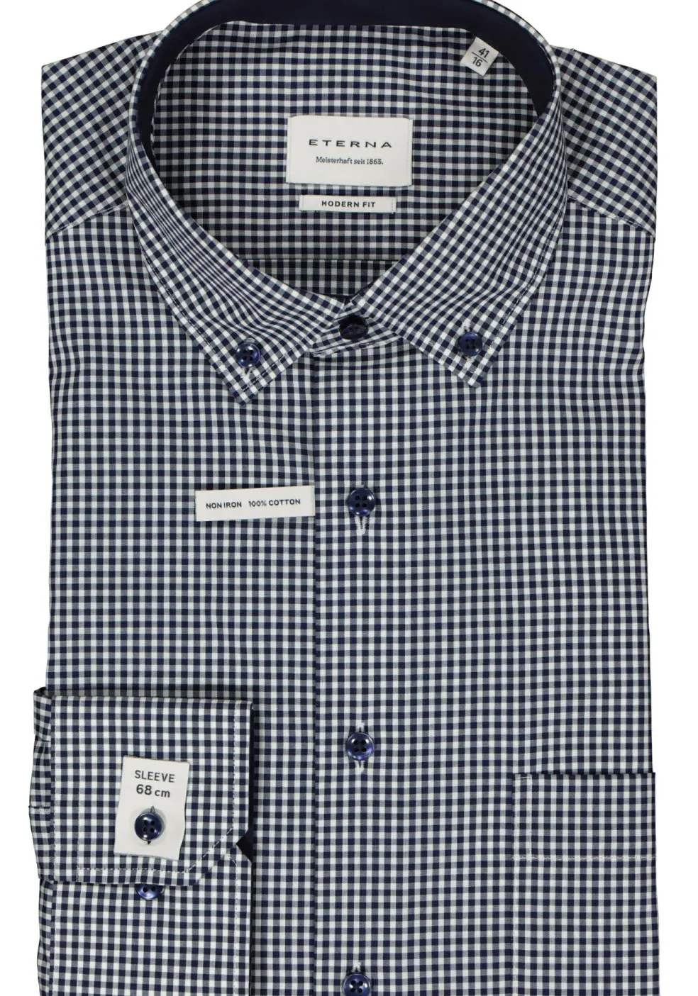 ETERNA modern fit overhemd mouwlengte 7, popeline, middenblauw met wit geruit (contrast)