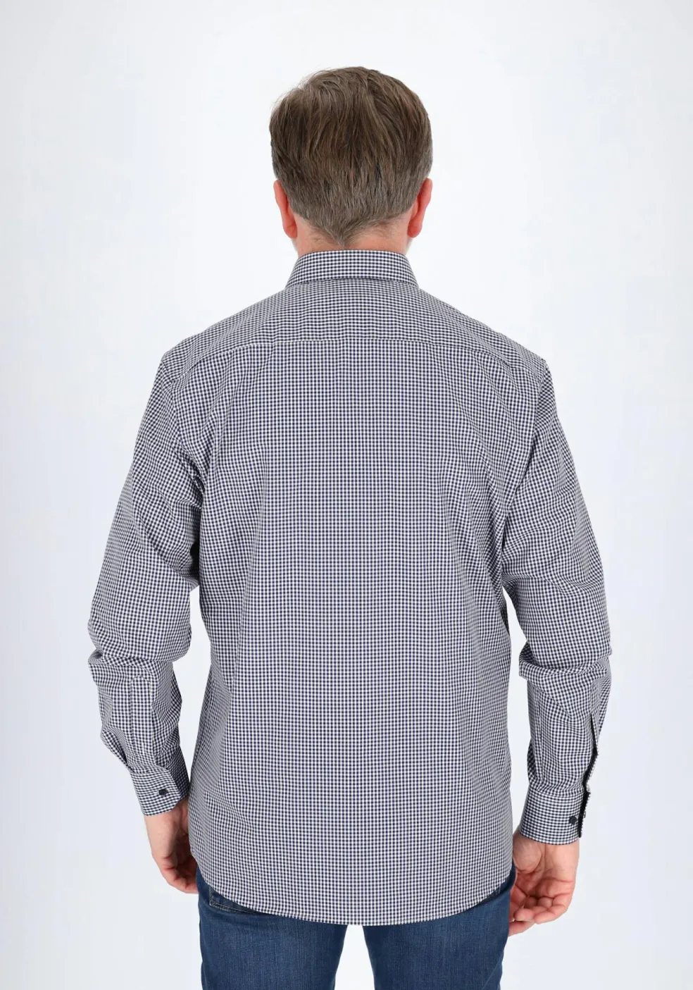 ETERNA modern fit overhemd mouwlengte 7, popeline, middenblauw met wit geruit (contrast)