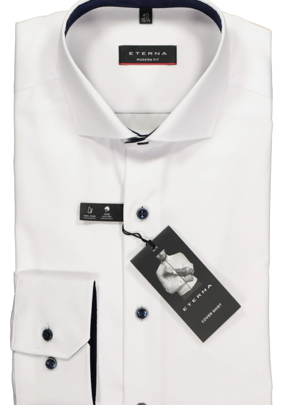 ETERNA modern fit overhemd, niet doorschijnend twill heren overhemd, wit (donkerblauw contrast)