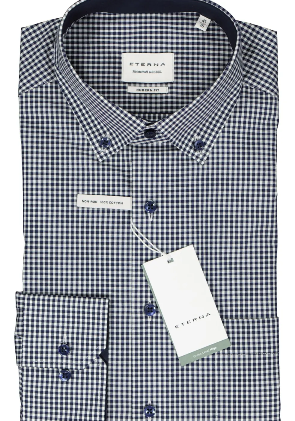 ETERNA modern fit overhemd, popeline, middenblauw met wit geruit (contrast)