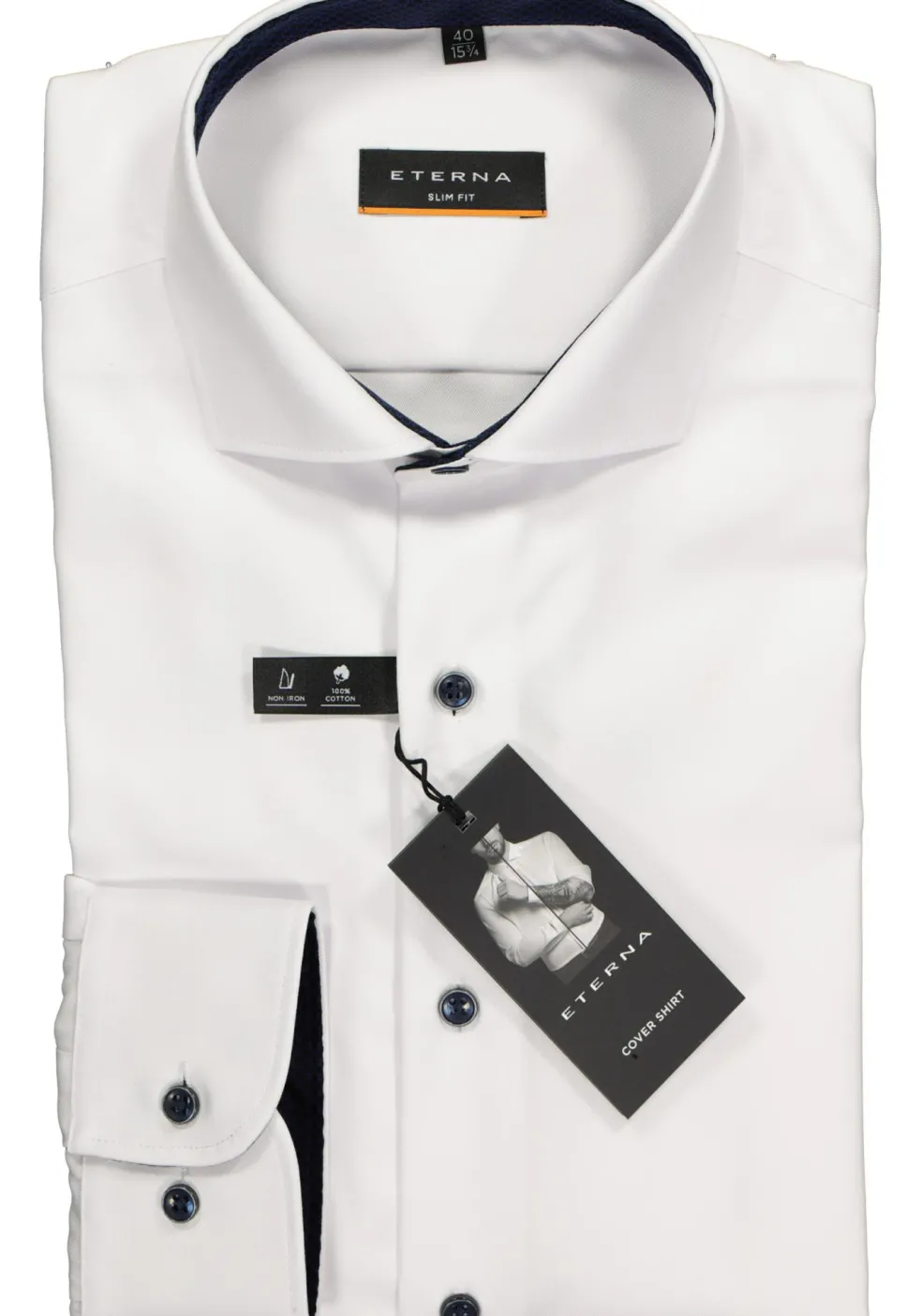 ETERNA slim fit overhemd, niet doorschijnend twill, wit (donkerblauw contrast)