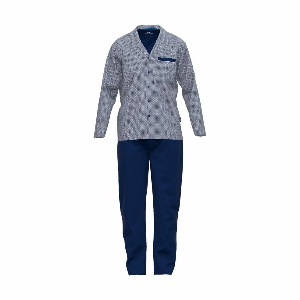 Gotzburg heren pyjama met knoopjes, middenblauw mini dessin