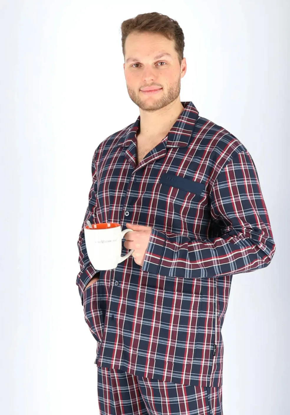 Gotzburg heren pyjama met knopen, geweven heren pyjama niet elastisch, blauw met rood en wit geruit