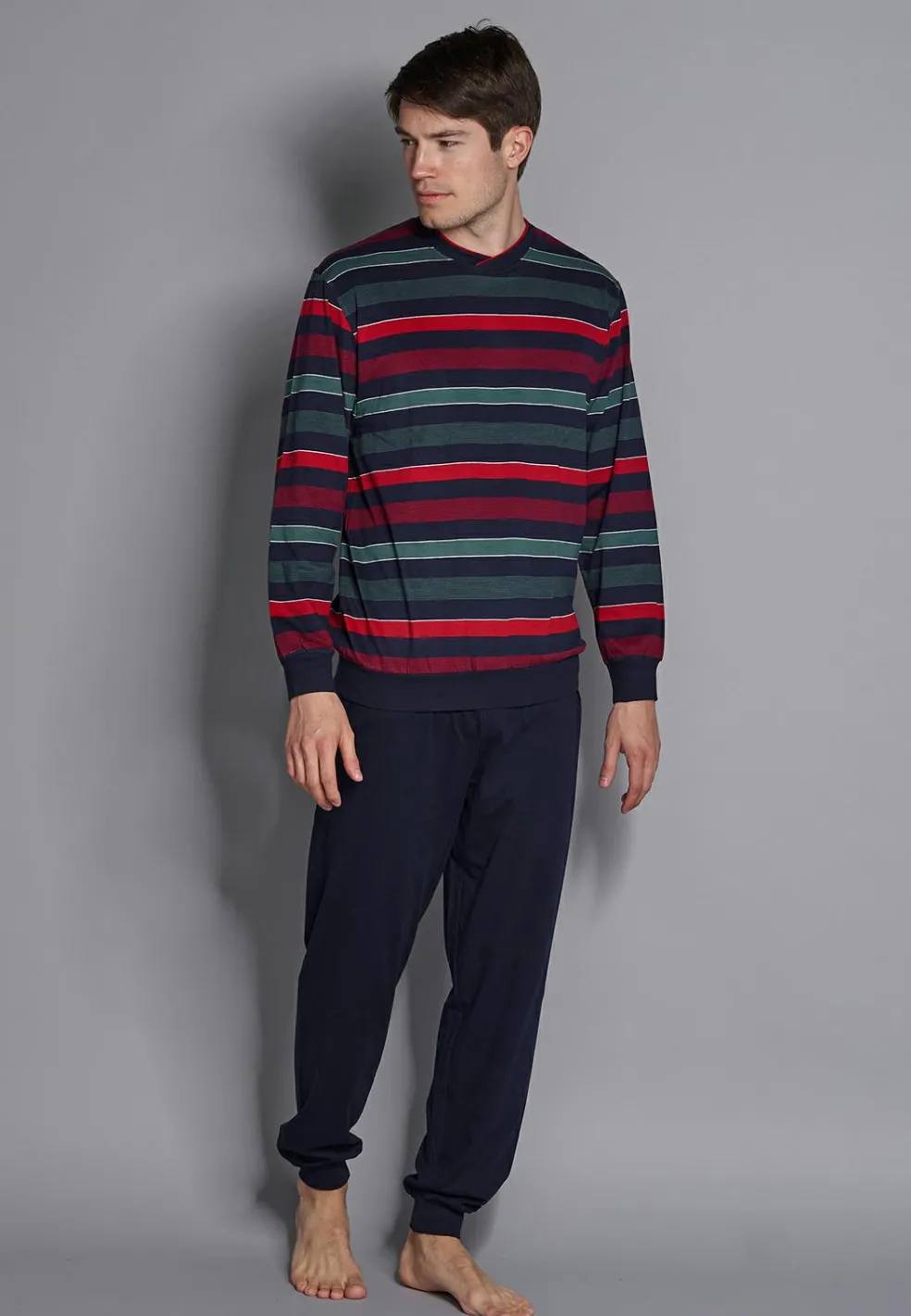 Gotzburg heren pyjama O-hals, donkerblauw gestreept