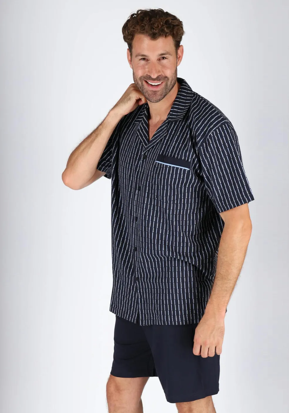 Gotzburg heren shortama met knoopjes, blauw met lichtblauw en wit dessin