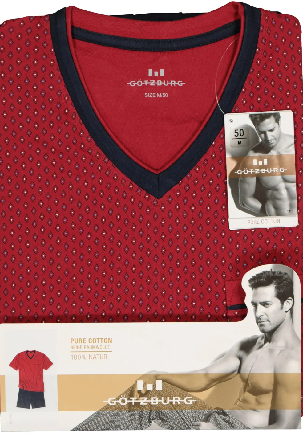 Gotzburg heren shortama, V-hals, rood met blauw en wit dessin