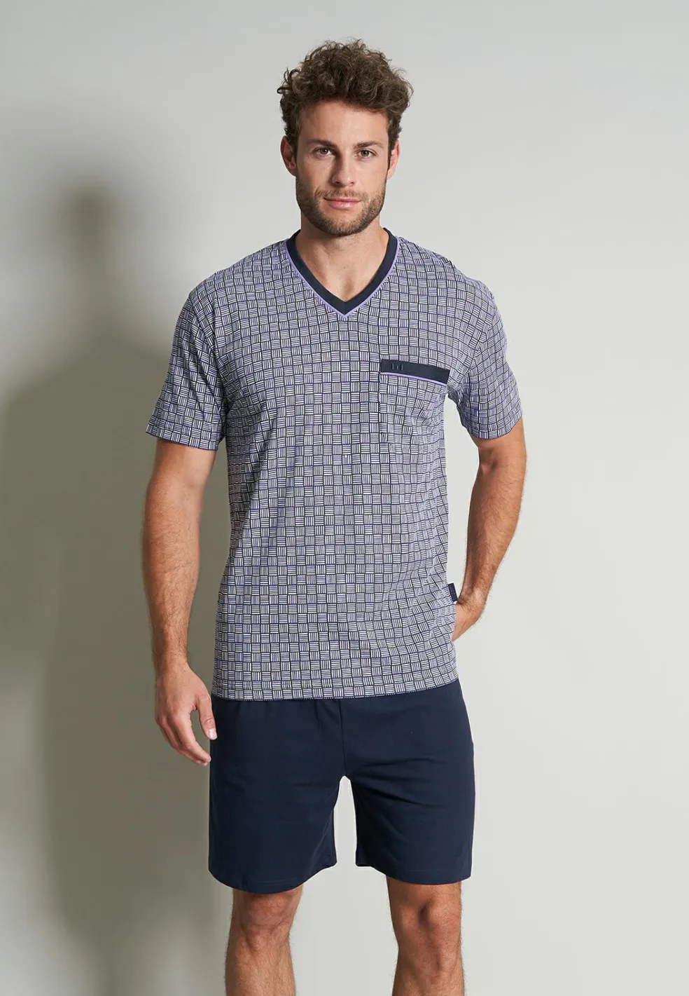 Gotzburg heren shortama V-hals, donkerblauw dessin