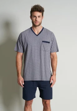 Gotzburg heren shortama V-hals, donkerblauw mini dessin