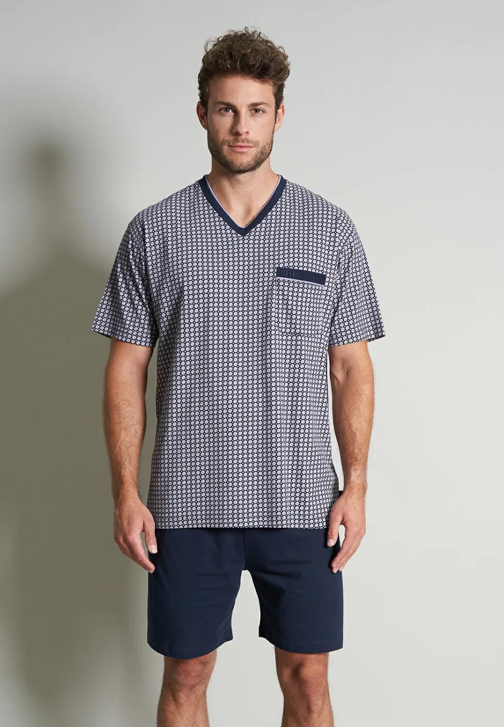 Gotzburg heren shortama V-hals, donkerblauw mini dessin