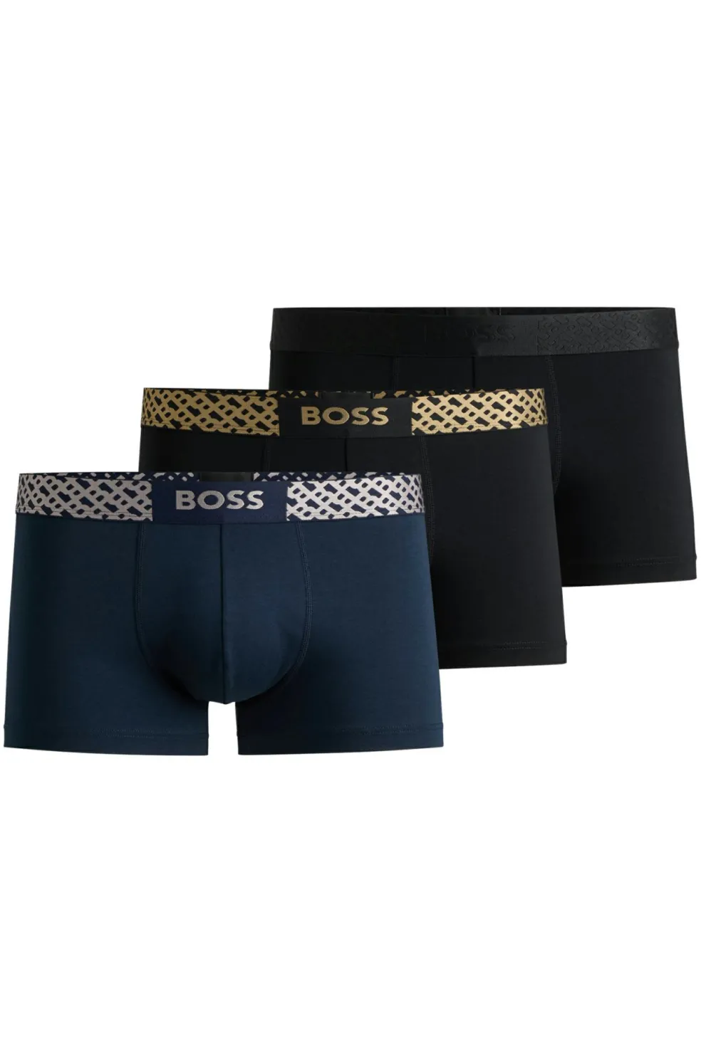 HUGO BOSS cadeauset trunks (3-pack), heren boxers kort, zwart, blauw, grijs met metallic band in cadeauverpakking