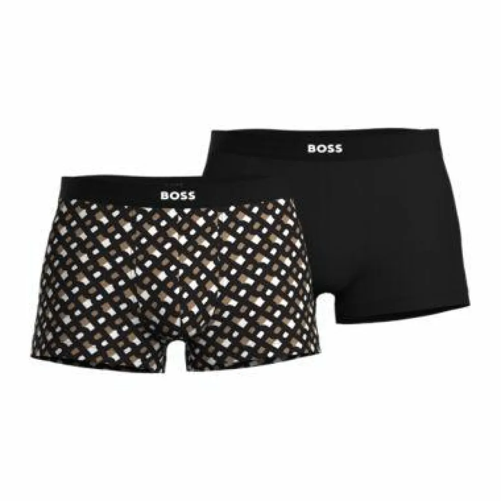 HUGO BOSS trunks (2-pack), heren boxers kort, zwart en zwart, wit beige logo print