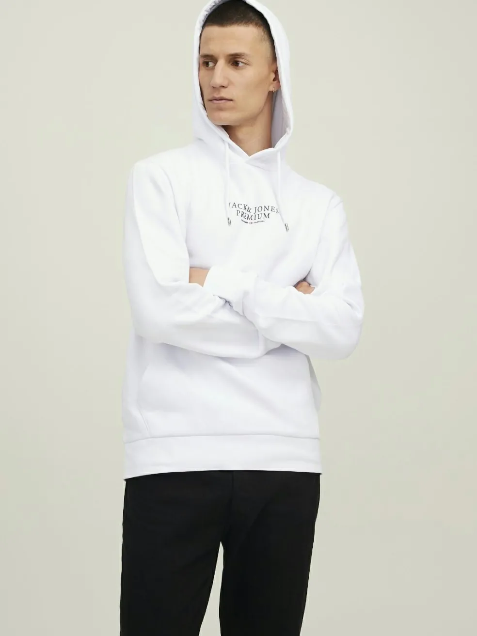 JACK & JONES Arie sweat hood slim fit, heren hoodie katoenmengsel met capuchon, wit