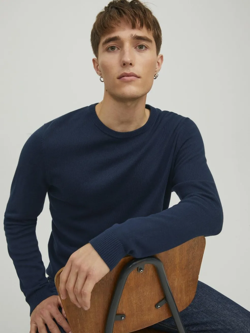 JACK & JONES Basic knit crew neck slim fit, heren pullover katoen met O-hals, blauw